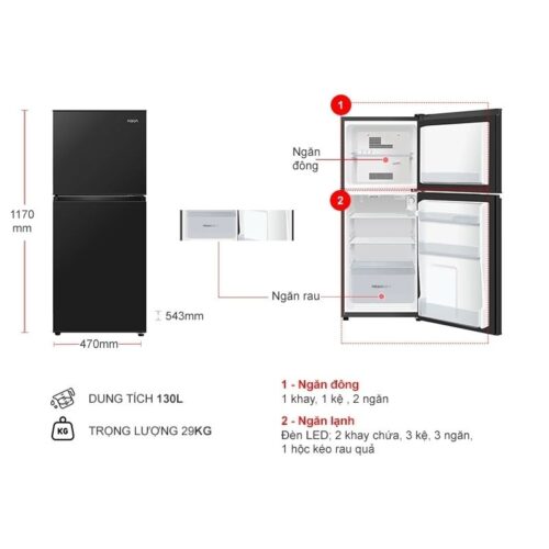 Kích thước tủ Lạnh 2 cánh 130 Lít Aqua AQR-T160FA(BS)