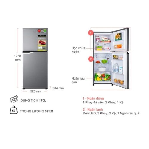 Kích thước tủ Lạnh 2 cánh Inverter 170 Lít Panasonic NR-BA190PPVN