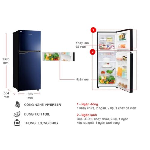 Kích thước tủ Lạnh 2 cánh Inverter 188 Lít Panasonic NR-BA229PAVN