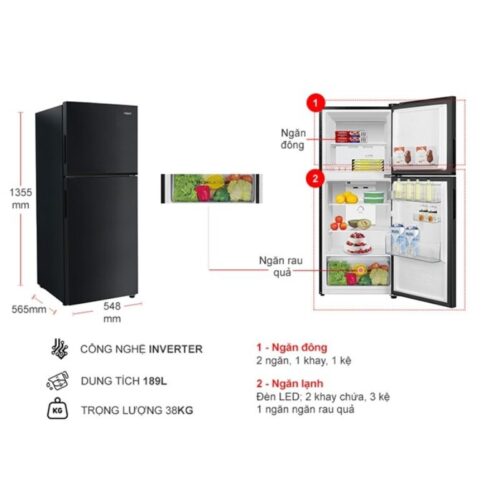 Kích thước tủ Lạnh 2 cánh Inverter 189 lít Aqua AQR-T220FA (FB)