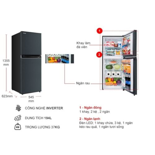 Kích thước tủ Lạnh 2 cánh Inverter 194 Lít Toshiba GR-RT252WE-PMV(52)