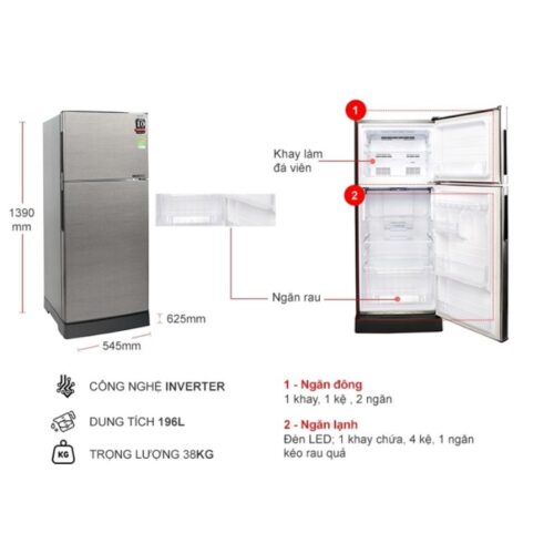 Kích thước tủ Lạnh 2 cánh Inverter 196 Lít Sharp SJ-X201E-DS