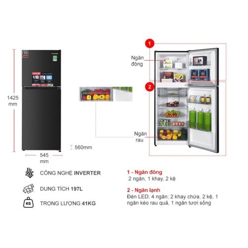 Kích thước tủ Lạnh 2 cánh Inverter 197 Lít Sharp SJ-X215V-DG