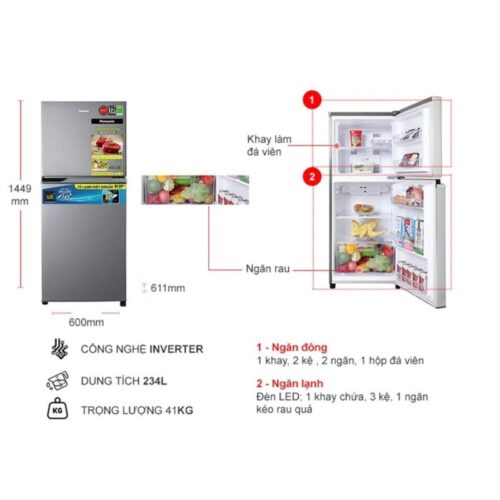 Kích thước tủ Lạnh 2 cánh Inverter 234 Lít Panasonic NR-TV261APSV
