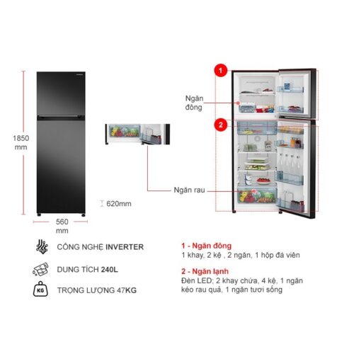 Kích thước tủ Lạnh 2 cánh Inverter 240 Lít Hitachi HRTN5255MFUVN