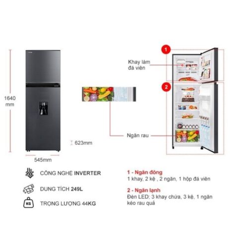Kích thước tủ Lạnh 2 cánh Inverter 249 Lít Toshiba GR-RT325WE-PMV(06)-MG