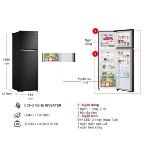 Kích thước tủ Lạnh 2 cánh Inverter 266 Lít LG GV-B262BL