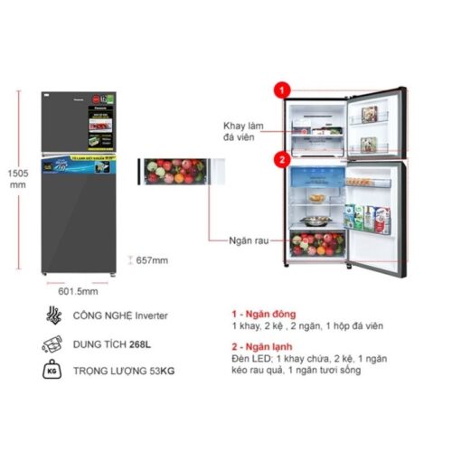 Kích thước tủ Lạnh 2 cánh Inverter 268 Lít Panasonic NR-TV301VGMV