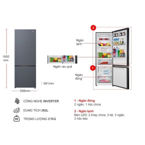 Kích thước tủ Lạnh 2 cánh Inverter 292 Lít Aqua AQR-B360MA(SLB)