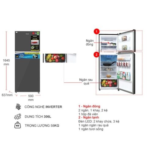 Kích thước tủ Lạnh 2 cánh Inverter 306 Lít Panasonic NR-TV341VGMV