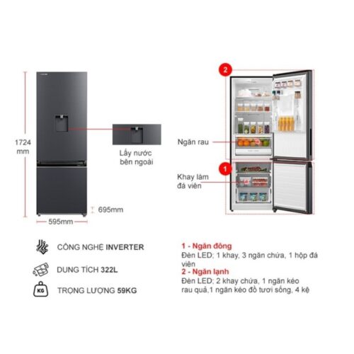 Kích thước tủ Lạnh 2 cánh Inverter 322 Lít Toshiba GR-RB405WE-PMV(06)-MG