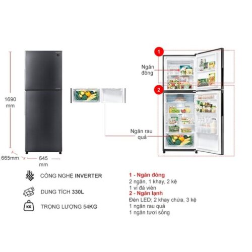 Kích thước tủ Lạnh 2 cánh Inverter 330 Lít Sharp SJ-XP352AE-DS
