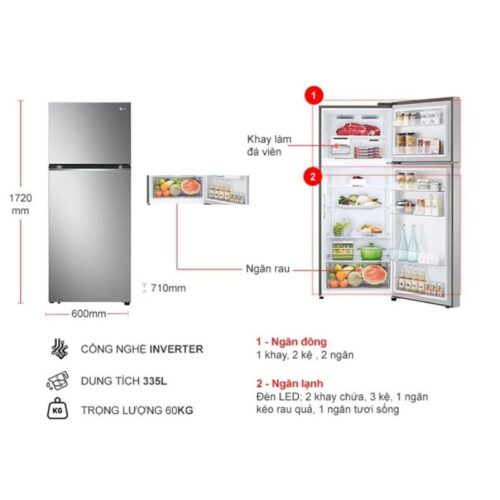 Kích thước tủ Lạnh 2 cánh Inverter 335 Lít LG GN-M332PS