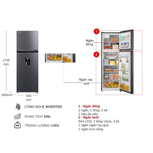 Kích thước tủ Lạnh 2 cánh Inverter 336 lít Toshiba GR-RT435WEA-PMV(06)-MG