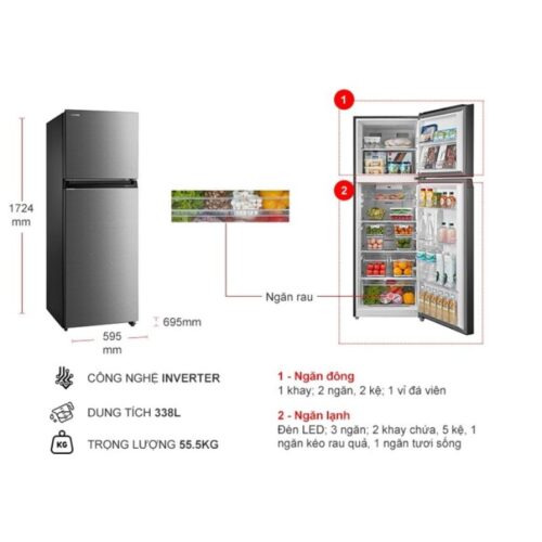 Kích thước tủ Lạnh 2 cánh Inverter 338 Lít Toshiba GR-RT468WE-PMV(58)-MM