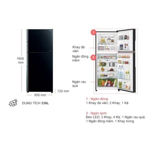 Kích thước tủ Lạnh 2 cánh Inverter 339 Lít Hitachi R-FVX450PGV9 GBK