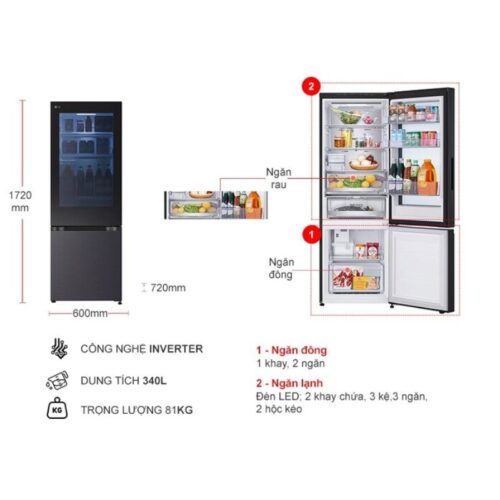 Kích thước tủ Lạnh 2 cánh Inverter 340 Lít LG LBB33BLMAI