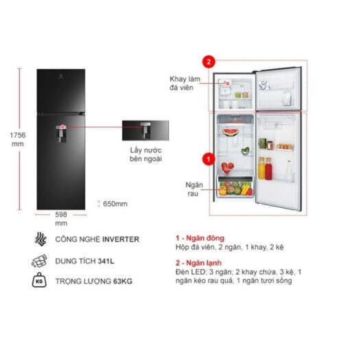 Kích thước tủ Lạnh 2 cánh Inverter 341 Lít Electrolux ETB3760M-H