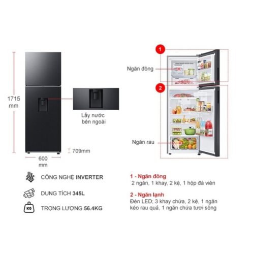 Kích thước tủ Lạnh 2 cánh Inverter 345 Lít Samsung RT35CG5544B1SV