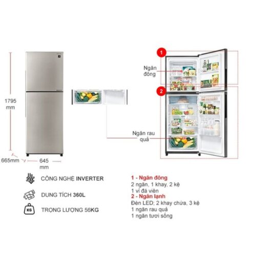 Kích thước tủ Lạnh 2 cánh Inverter 360 Lít Sharp SJ-XP382AE-SL