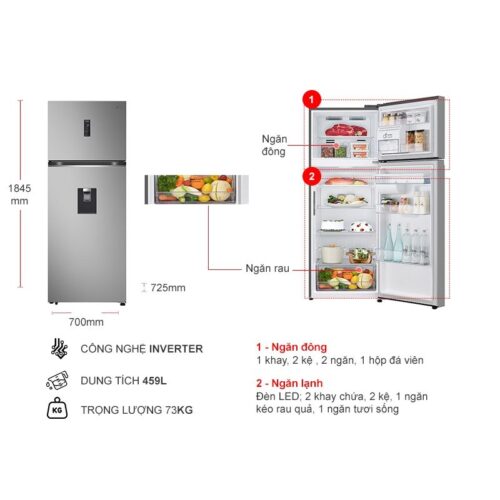 Kích thước tủ Lạnh 2 cánh Inverter 374 Lít LG LTD37BLM