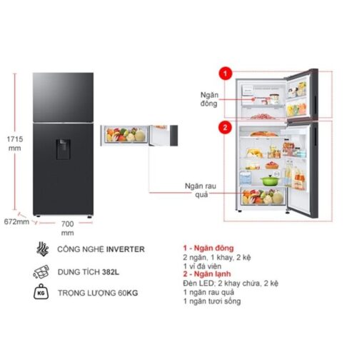 Kích thước tủ Lạnh 2 cánh Inverter 382 Lít Samsung RT38CG6584B1SV