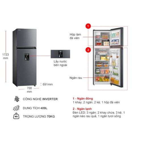 Kích thước tủ Lạnh 2 cánh Inverter 409 Lít Toshiba GR-RT535WEA-PMV(06)-MG