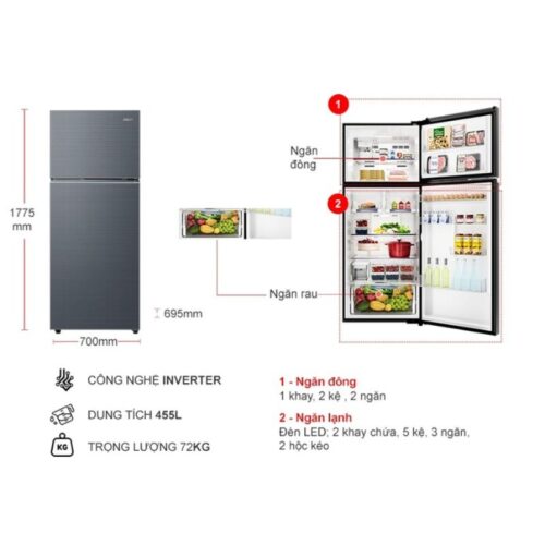 Kích thước tủ Lạnh 2 cánh Inverter 455 Lít Aqua AQR-TA518FA(SL)