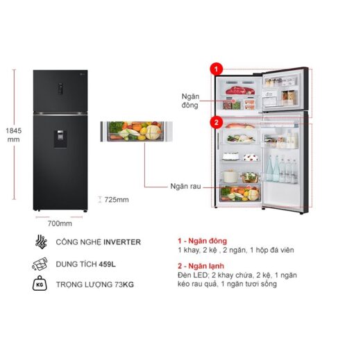 Kích thước tủ Lạnh 2 cánh Inverter 459 Lít LG LTD46BLMA