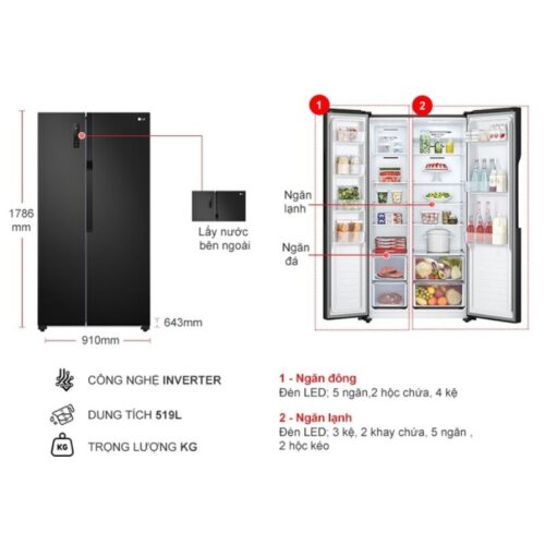 Kích thước tủ Lạnh 2 cánh side by side Inverter 519 Lít LG GR-B256BL