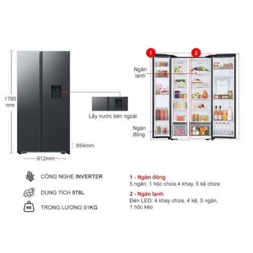 Kích thước tủ Lạnh 2 cánh side by side Inverter 578 Lít Samsung RS57DG410EB4SV