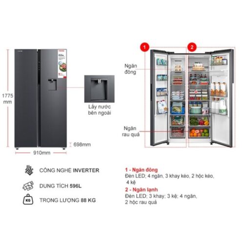 Kích thước tủ Lạnh 2 cánh side by side Inverter 596 Lít Toshiba GR-RS775WI-PMV(06)-MG