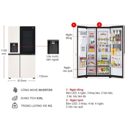 Kích thước tủ Lạnh 2 cánh side by side Inverter 635 Lít LG GR-X257BG