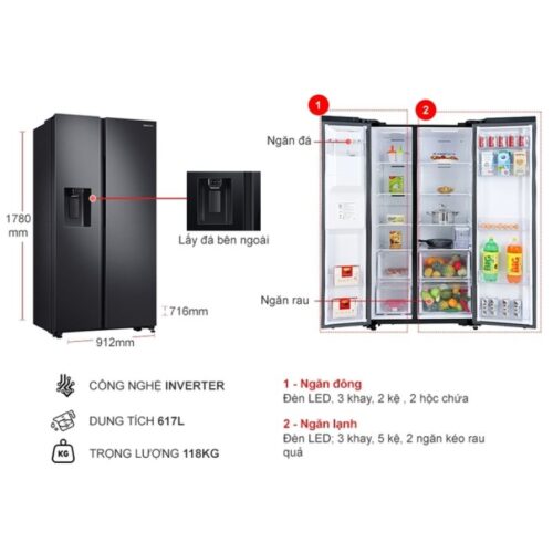 Kích thước tủ Lạnh 2 cánh side by side Inverter 635 Lít Samsung RS64R5301B4