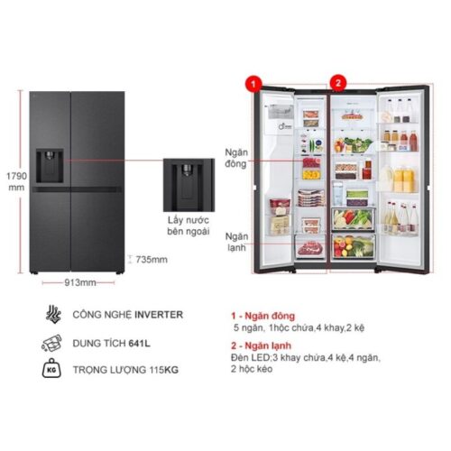 Kích thước tủ Lạnh 2 cánh side by side Inverter 641 Lít LG LSI63BLMA