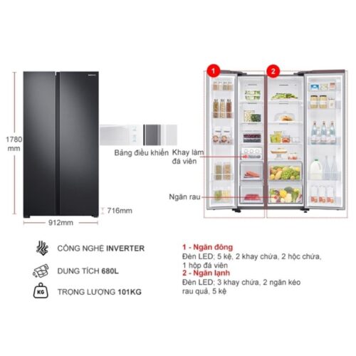 Kích thước tủ Lạnh 2 cánh side by side Inverter 680 Lít Samsung RS62R5001B4/SV