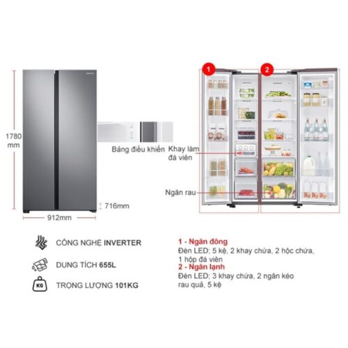 Kích thước tủ Lạnh 2 cánh side by side Inverter 680 Lít Samsung RS62R5001M9/SV