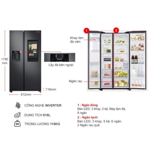 Kích thước tủ Lạnh 2 cánh side by side Inverter Family Hub 641 Lít Samsung RS64T5F01B4