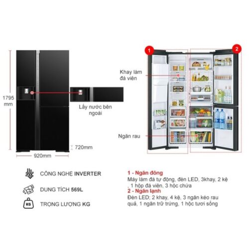 Kích thước tủ Lạnh 3 cánh side by side Inverter 569 Lít Hitachi R-MX800GVGV0 GBK