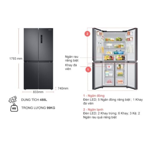 Kích thước tủ Lạnh 4 cánh Multi door 488 Lít Samsung RF48A4000B4/SV