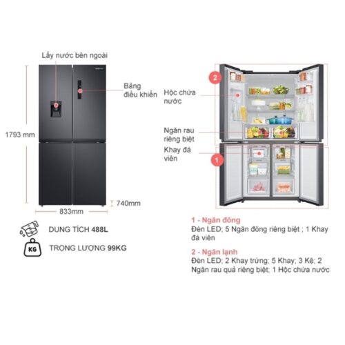 Kích thước tủ Lạnh 4 cánh Multi door 488 Lít Samsung RF48A4010B4/SV