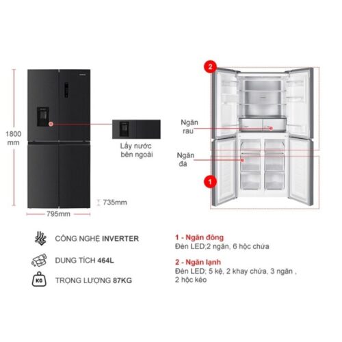 Kích thước tủ Lạnh 4 cánh Multi door Inverter 464 Lít Hitachi HR4N7520DSWDXVN