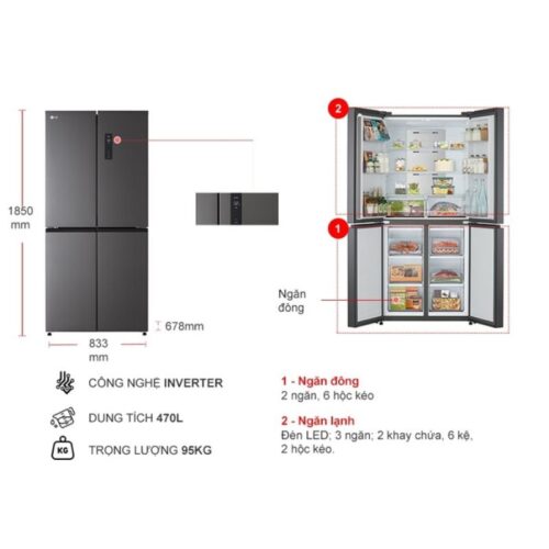 Kích thước tủ Lạnh 4 cánh Multi Door Inverter 470 Lít LG GR-B50BL
