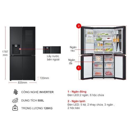 Kích thước tủ Lạnh 4 cánh Multi Door Inverter 508 Lít LG LFI50BLMAI