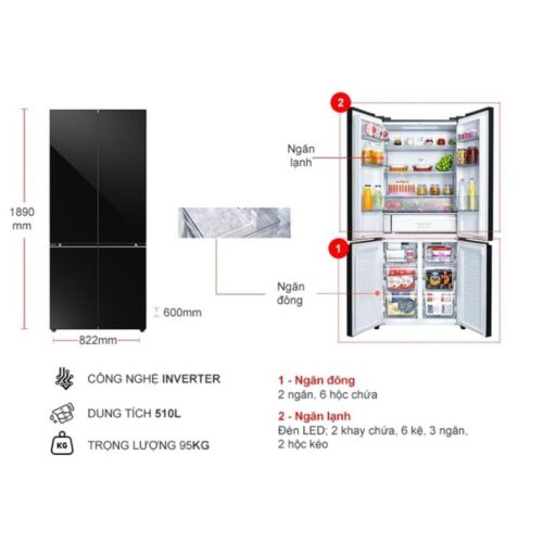 Kích thước tủ Lạnh 4 cánh Multi door Inverter 510 Lít Panasonic NR-X561BK-VN
