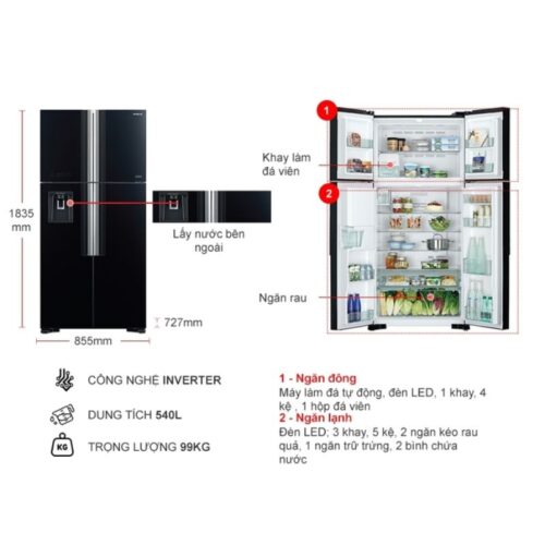 Kích thước tủ Lạnh 4 cánh Multi door Inverter 540 Lít Hitachi R-FW690PGV7 GBK