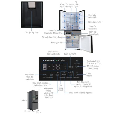 Kích thước tủ Lạnh 4 cánh Multi Door Inverter 540 Lít Panasonic NR-YW590YHHV