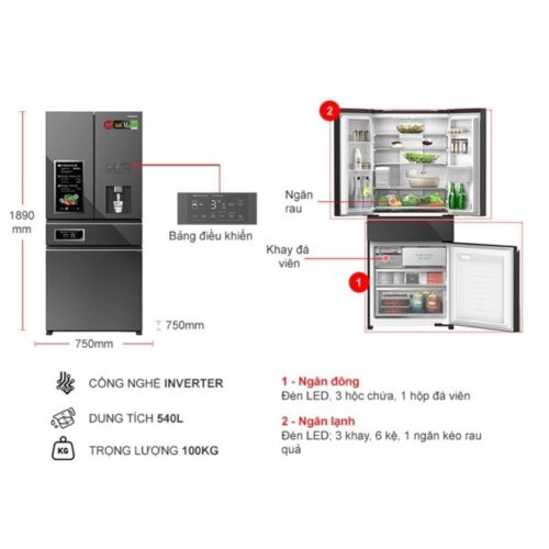 Kích thướcc tủ Lạnh 4 cánh Multi Door Inverter 540 Lít Panasonic NR-YW590YMMV