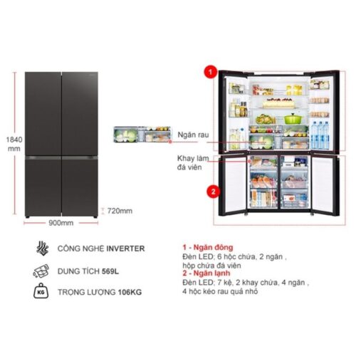 Kích thước tủ Lạnh 4 cánh Multi door Inverter 569 Lít Hitachi R-WB640PGV1 GMG