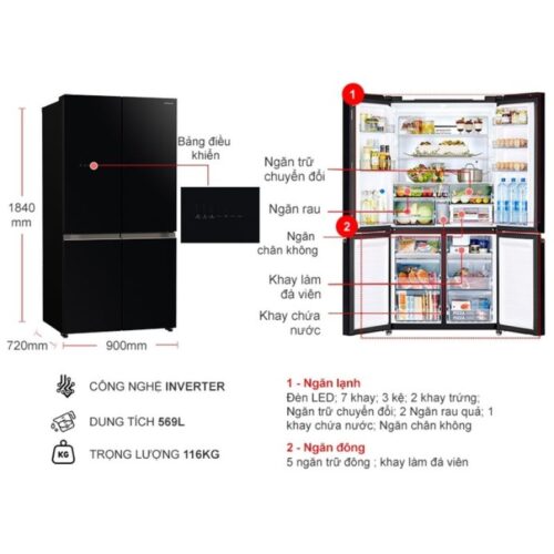 Kích thước tủ Lạnh 4 cánh Multi door Inverter 569 Lít Hitachi R-WB640VGV0 GBK
